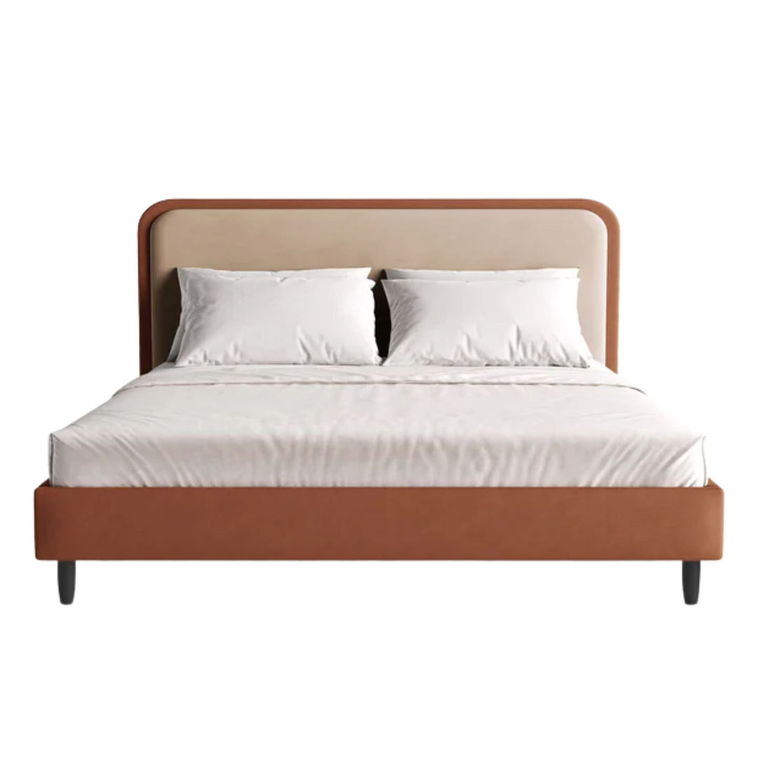 Lit MICADONI Aveline en Velours et Cuir végan Amande beige et Bordeaux 200x200cm