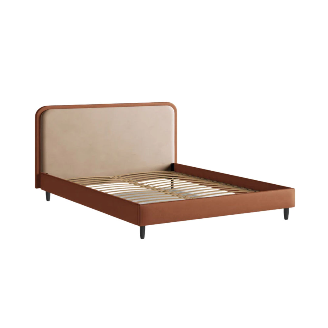 Lit MICADONI Aveline en Velours et Cuir végan Amande beige et Bordeaux 200x200cm