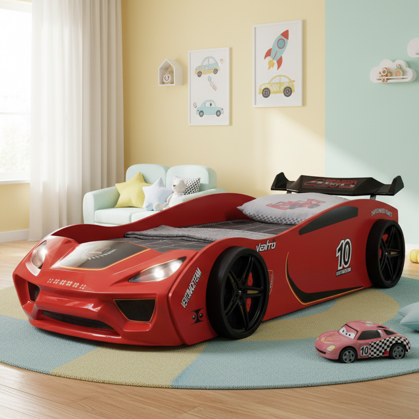 Lit voiture de course LES TENDANCES Rino rouge avec phares 90x190 cm