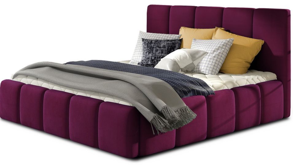 Lit adulte LES TENDANCES Vika 140x200cm en velours capitonné prune — photo produit