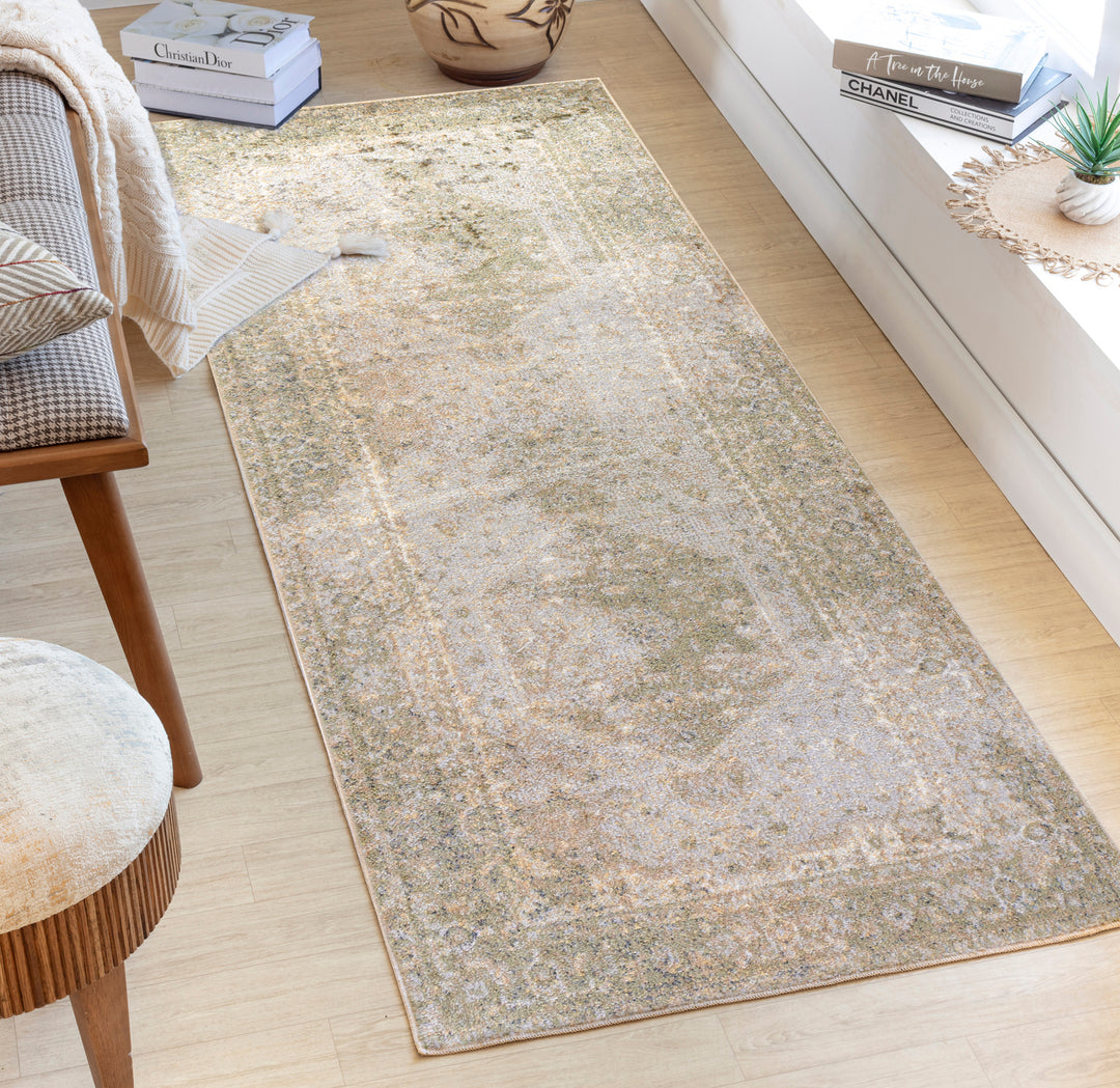 Tapis de Couloir Vintage Lavable en Machine Vert/Brun Oida