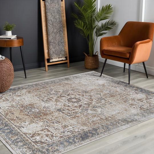 Tapis Vintage Lavable en Machine Marron/Ivoire Marlenheim