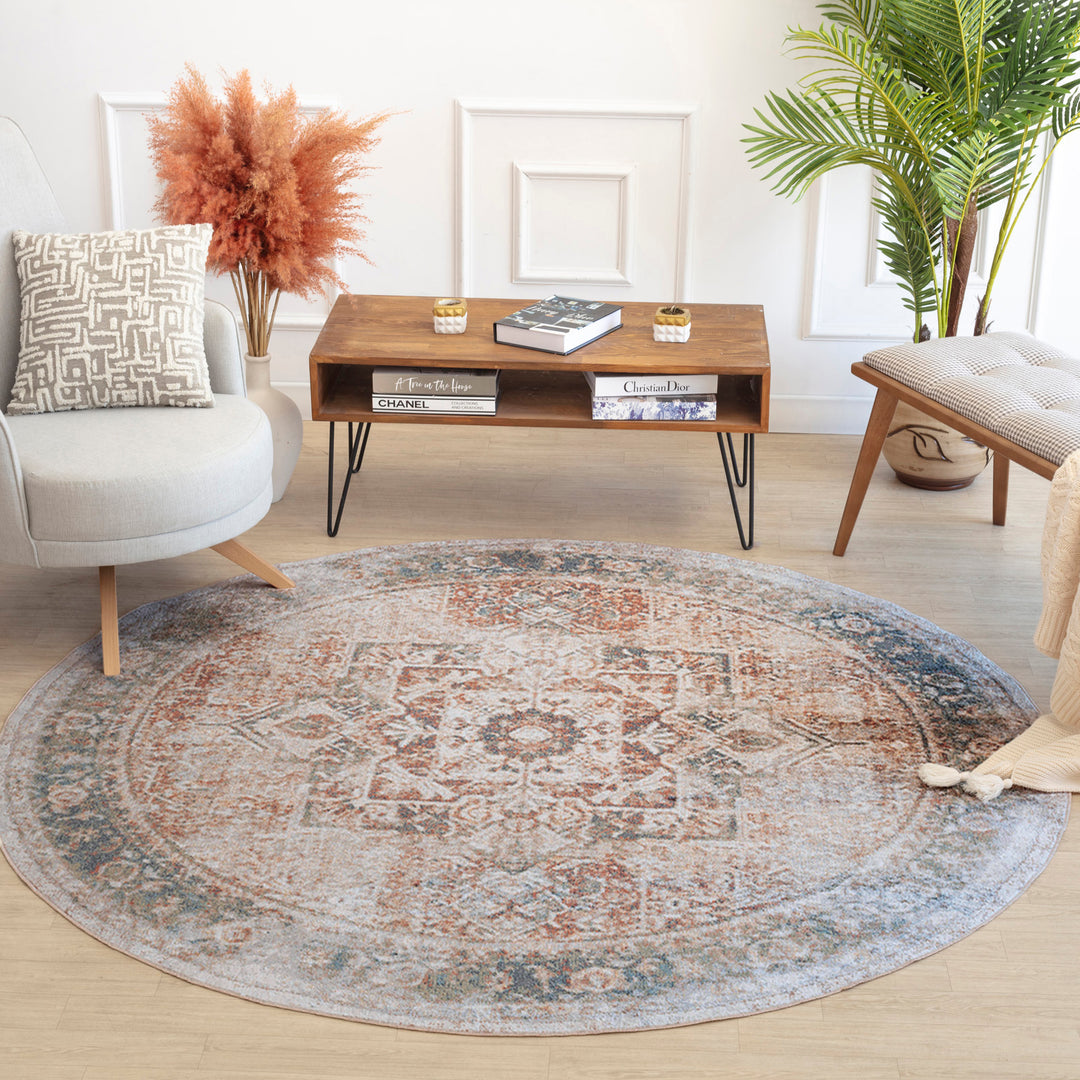 Tapis Rond Vintage Lavable en Machine Marron/Ivoire Rond Marlenheim