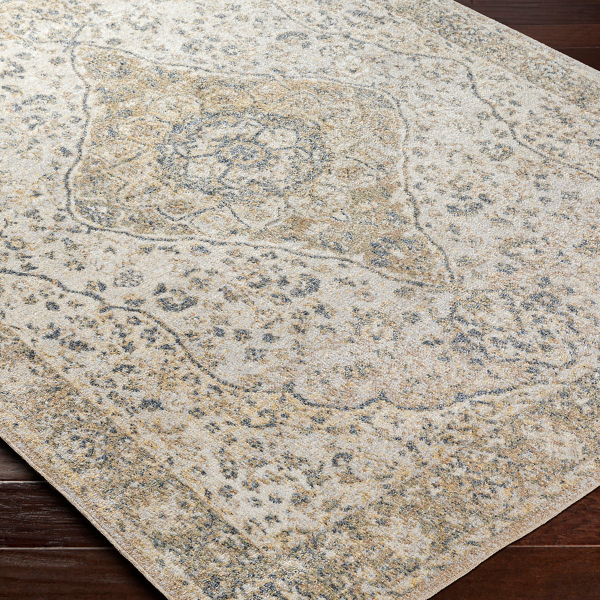 Tapis Surya Celine vintage oriental, médaillon délavé ivoire, beige doré et gris, vue 5
