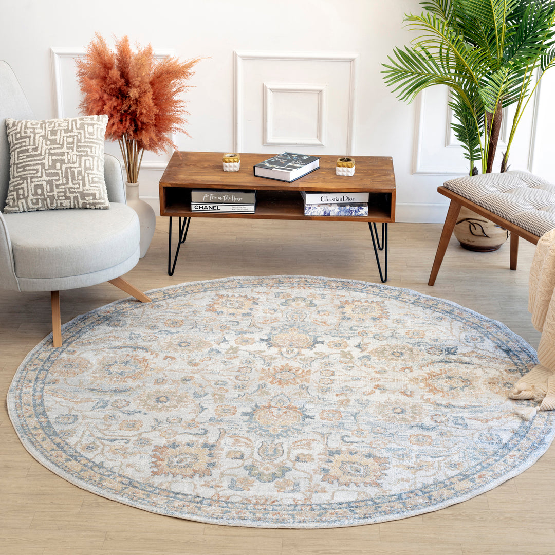 Tapis Rond Vintage Lavable en Machine Gris/Jaune Rond Cincinnati