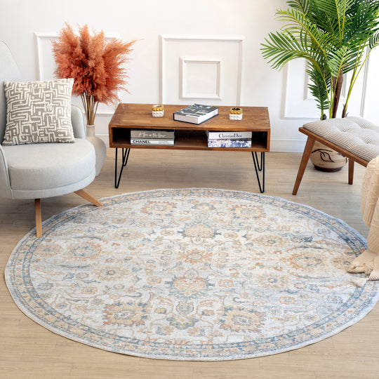 Tapis Rond Vintage Lavable en Machine Gris/Jaune Rond Cincinnati