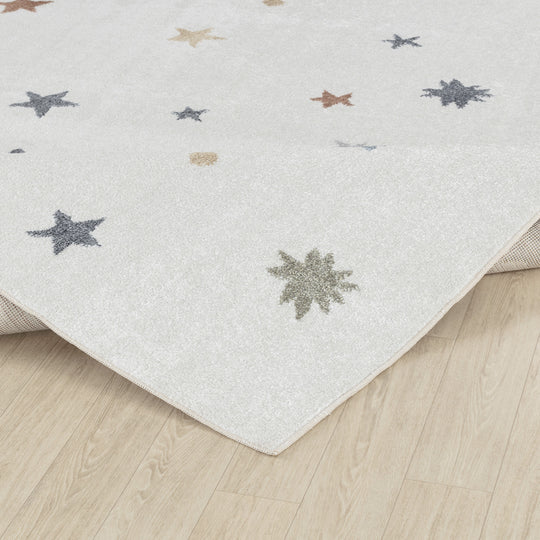 Tapis Rond Enfant Lavable en Machine Étoiles Multicolore/Beige Rond Findlay