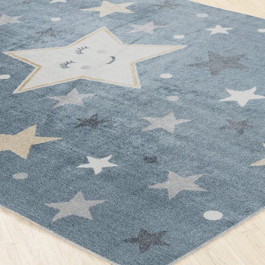 Tapis Rond Enfant Lavable en Machine Étoiles Bleu/Beige Rond Beed