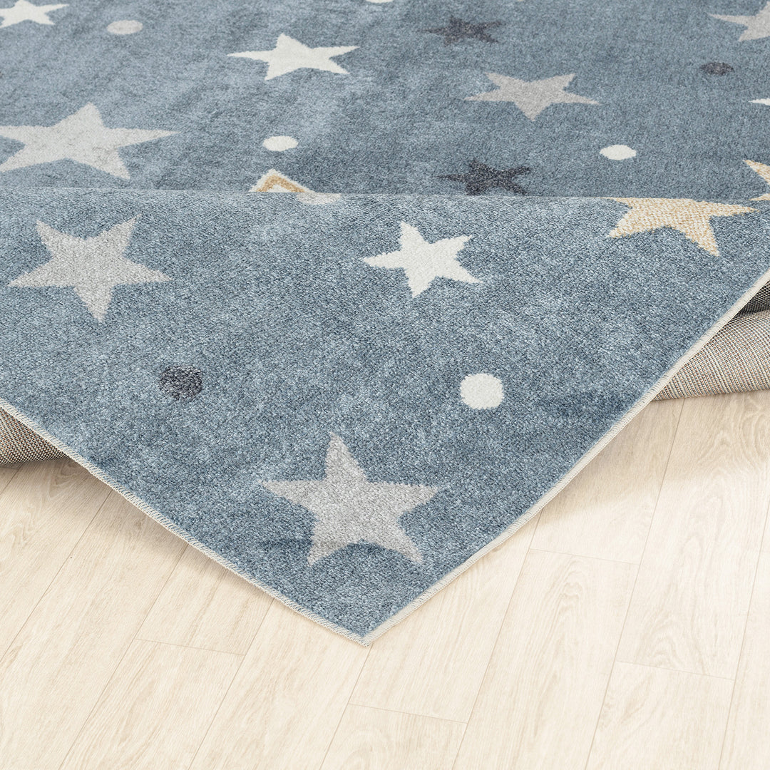 Tapis Rond Enfant Lavable en Machine Étoiles Bleu/Beige Rond Beed
