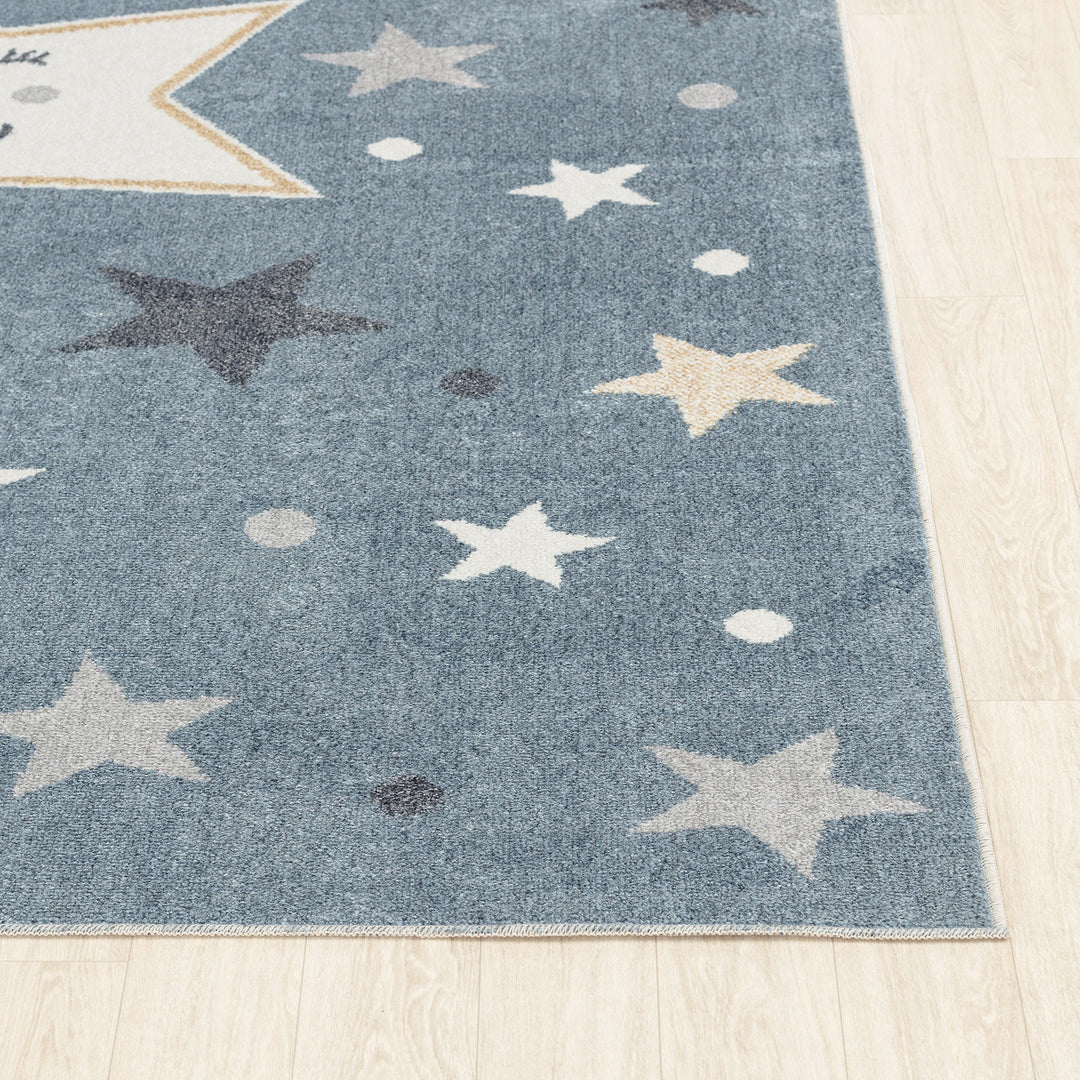 Tapis Rond Enfant Lavable en Machine Étoiles Bleu/Beige Rond Beed