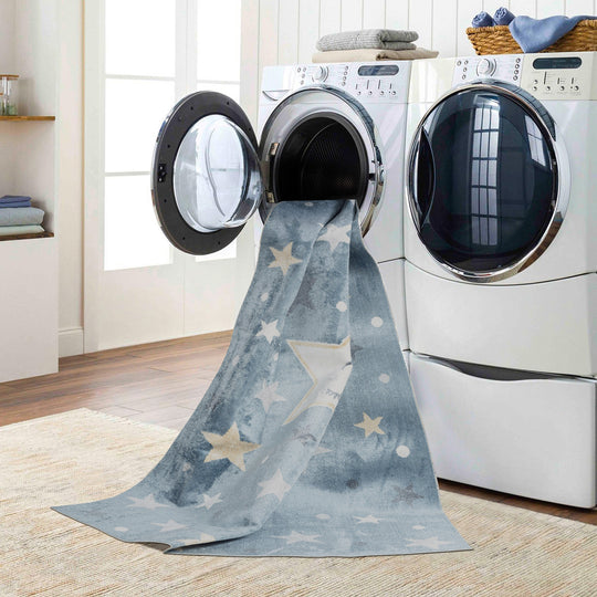 Tapis Rond Enfant Lavable en Machine Étoiles Bleu/Beige Rond Beed