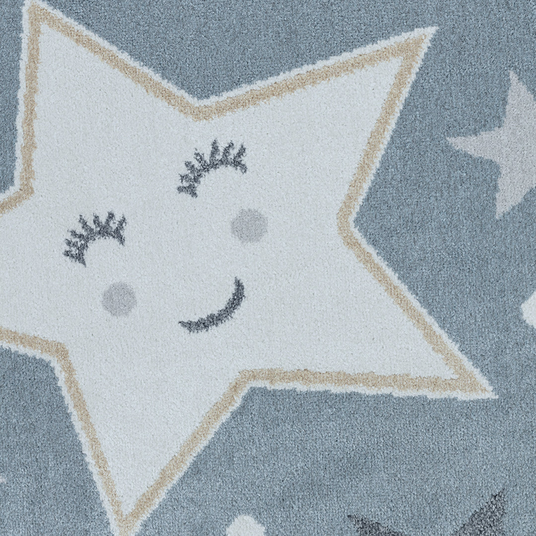 Tapis Rond Enfant Lavable en Machine Étoiles Bleu/Beige Rond Beed