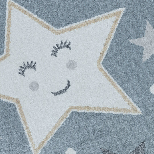 Tapis Rond Enfant Lavable en Machine Étoiles Bleu/Beige Rond Beed