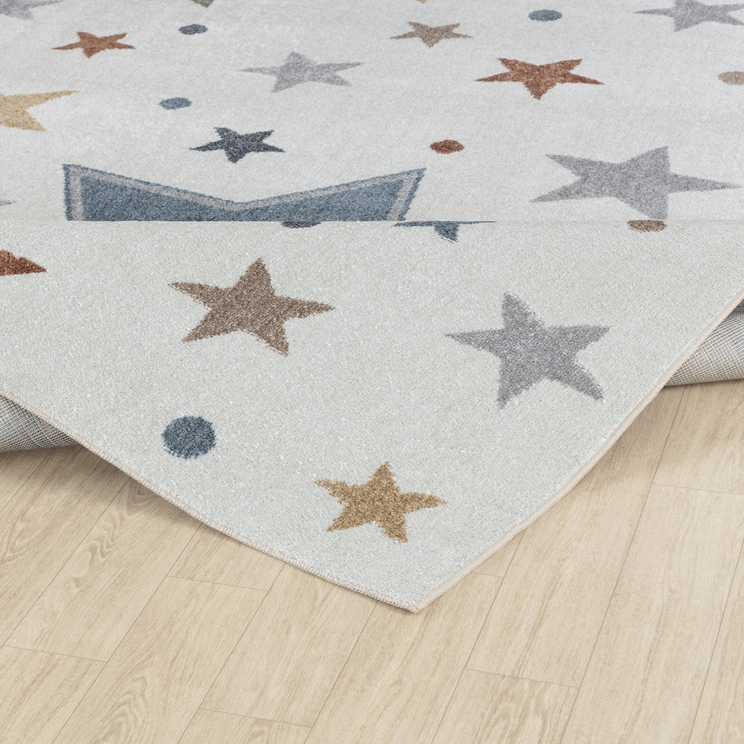 Tapis Rond Enfant Lavable en Machine Étoiles Multicolore/Bleu Rond Beed