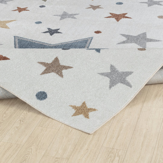 Tapis Rond Enfant Lavable en Machine Étoiles Multicolore/Bleu Rond Beed