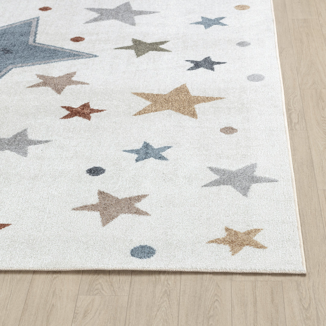 Tapis Rond Enfant Lavable en Machine Étoiles Multicolore/Bleu Rond Beed