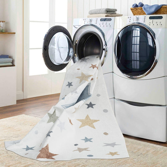 Tapis Rond Enfant Lavable en Machine Étoiles Multicolore/Bleu Rond Beed