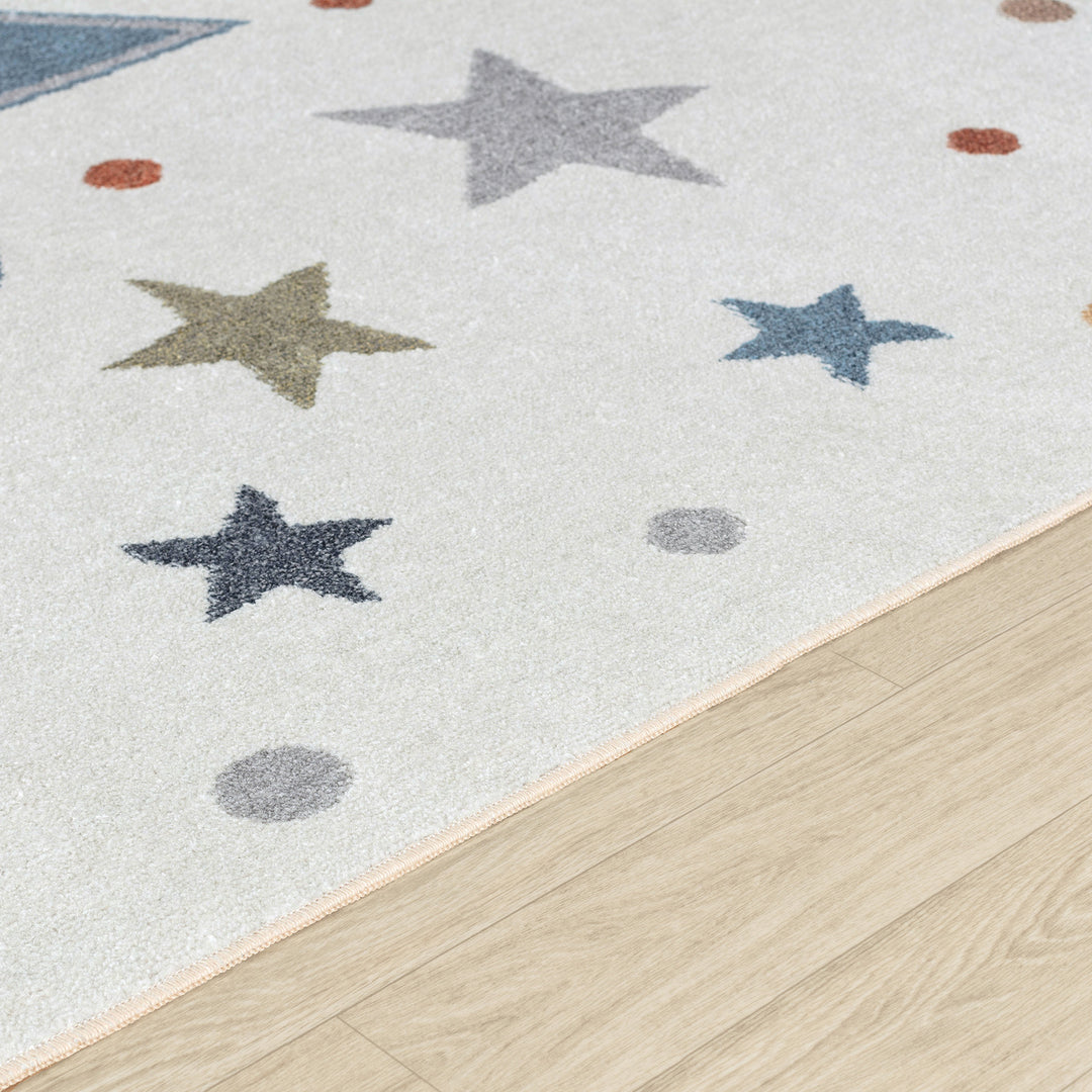 Tapis Rond Enfant Lavable en Machine Étoiles Multicolore/Bleu Rond Beed