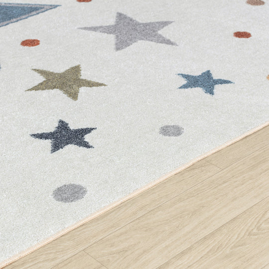 Tapis Rond Enfant Lavable en Machine Étoiles Multicolore/Bleu Rond Beed