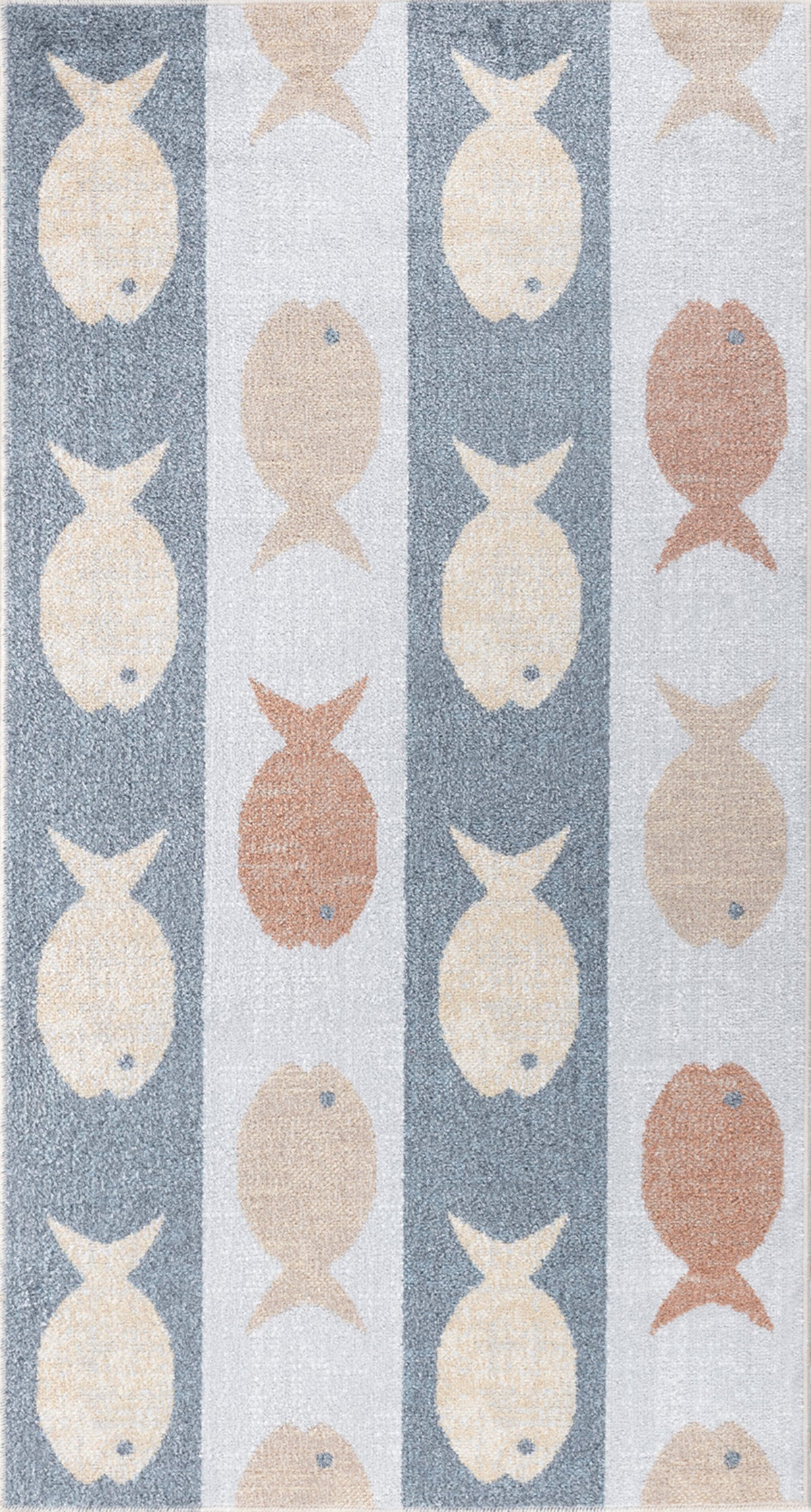 Tapis SURYA Pekin enfant, motif de poissons orange et beige sur bandes grises et ivoire, vue 2