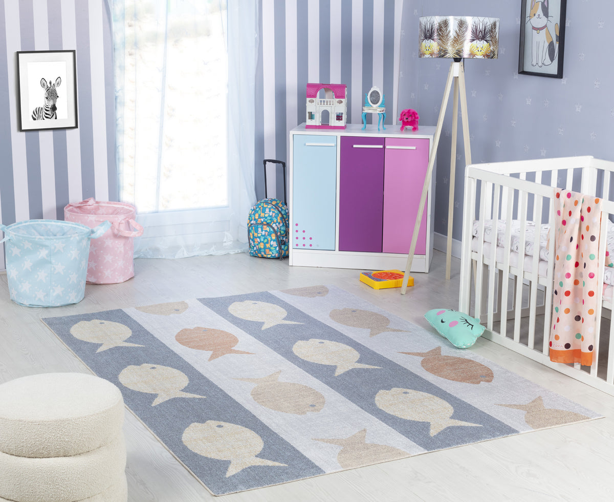 Tapis SURYA Pekin enfant, motif de poissons orange et beige sur bandes grises et ivoire, vue 11