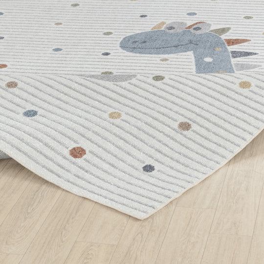Tapis Rond Enfant Lavable en Machine Dinosaure Beige/Gris Rond Seoul