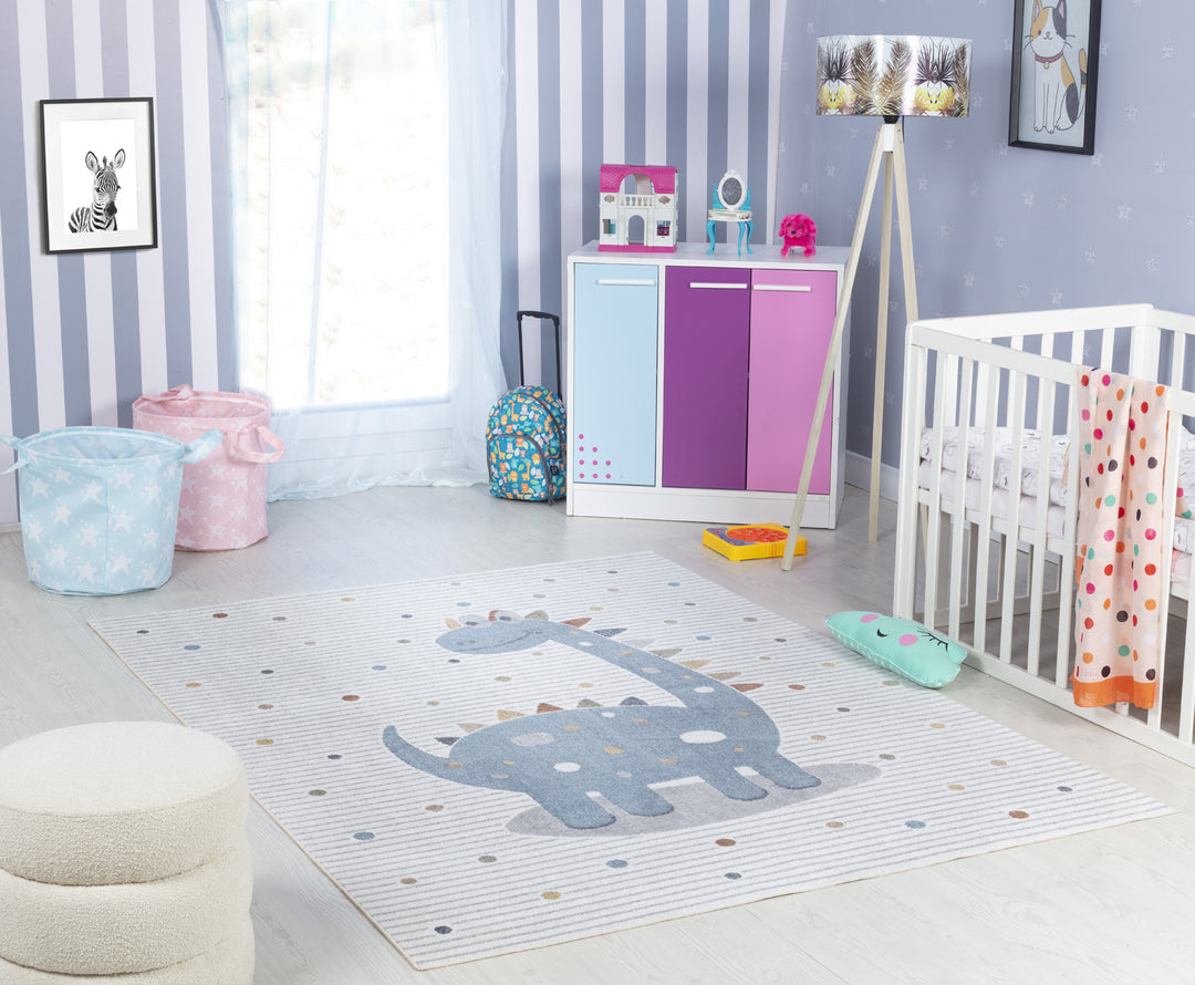 Tapis Enfant Lavable en Machine Dinosaure Beige/Gris Seoul