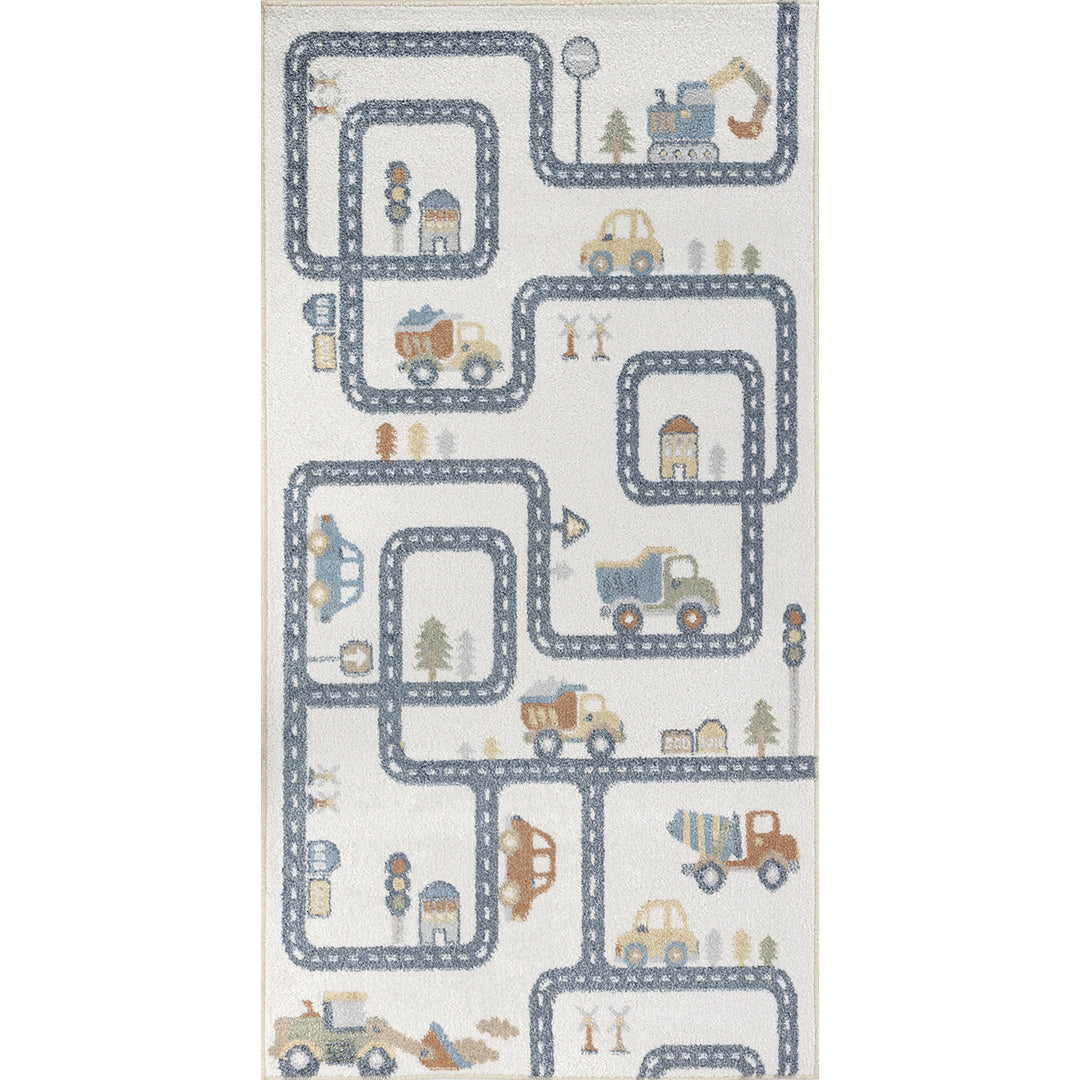 Tapis Enfant Lavable en Machine Circuit Voitures Beige/Gris Osaka