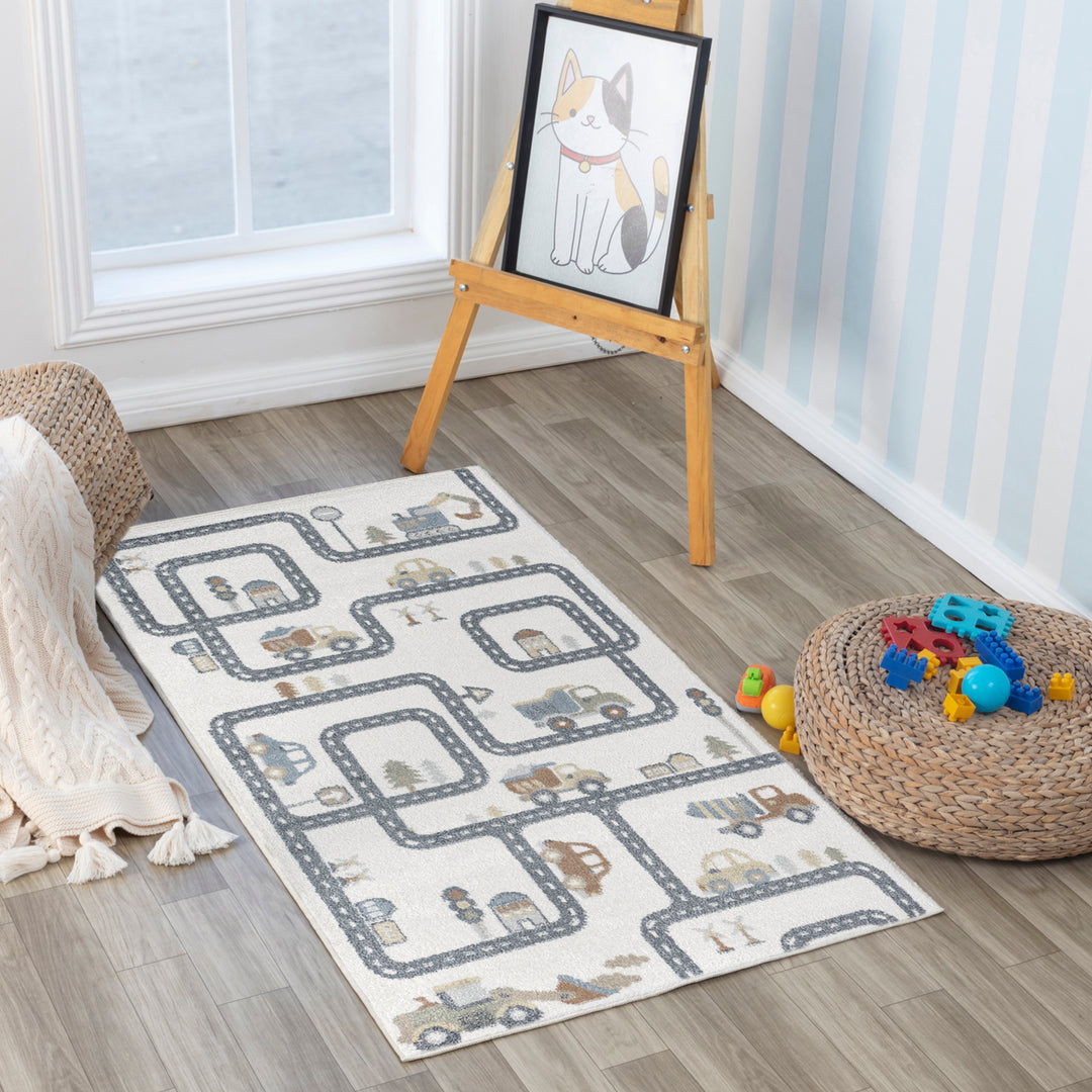 Tapis Enfant Lavable en Machine Circuit Voitures Beige/Gris Osaka