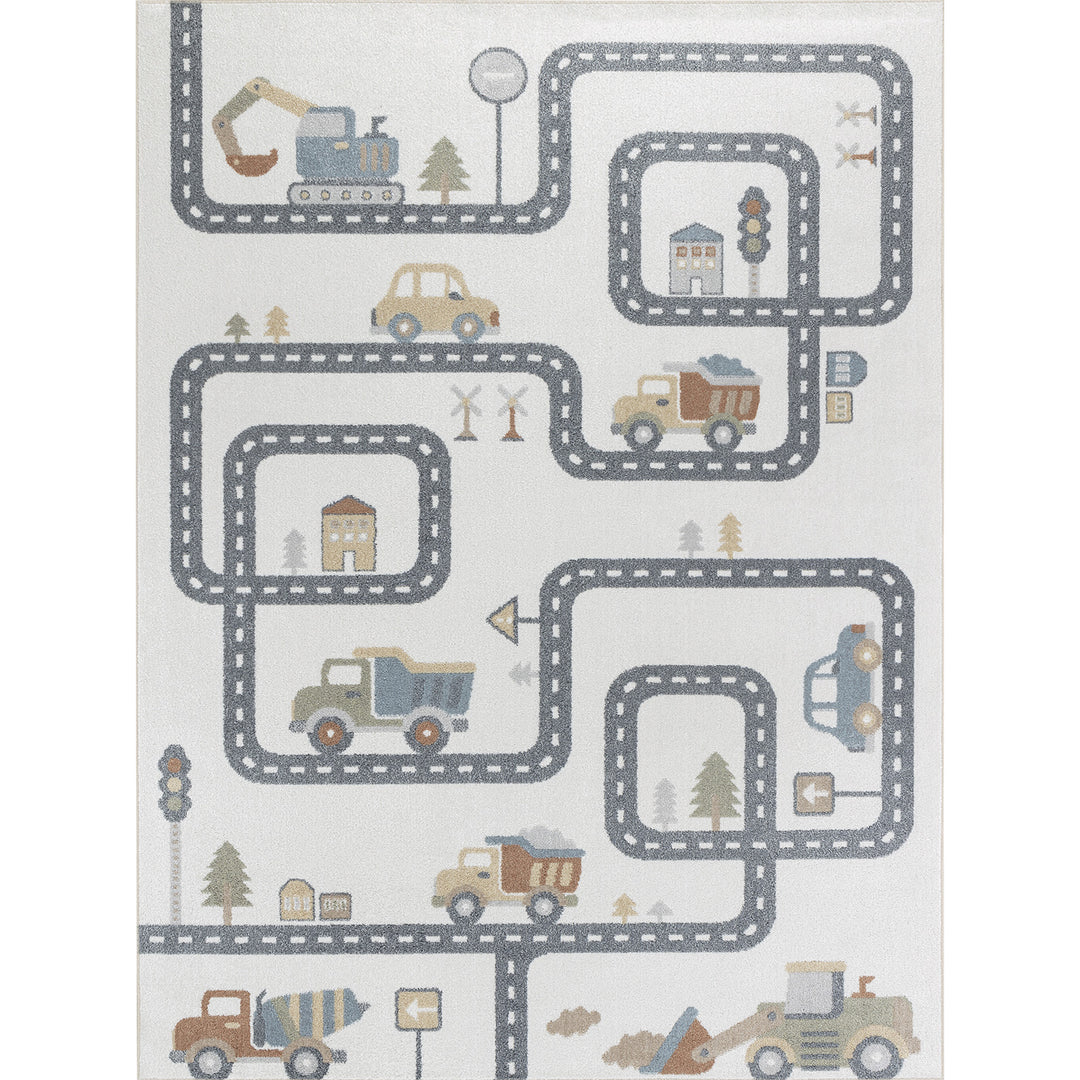 Tapis Enfant Lavable en Machine Circuit Voitures Beige/Gris Osaka