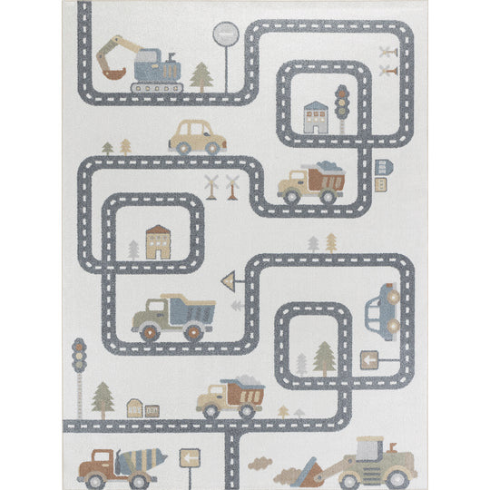 Tapis Enfant Lavable en Machine Circuit Voitures Beige/Gris Osaka