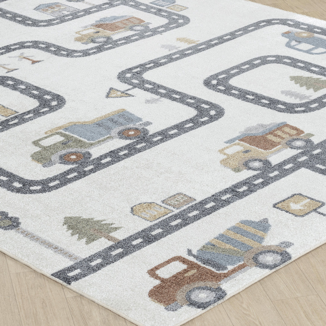 Tapis Enfant Lavable en Machine Circuit Voitures Beige/Gris Osaka