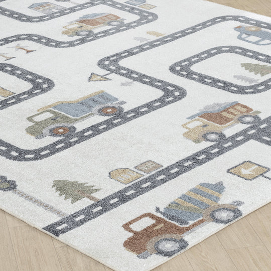 Tapis Enfant Lavable en Machine Circuit Voitures Beige/Gris Osaka