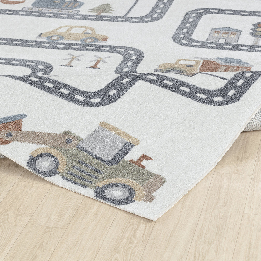 Tapis Enfant Lavable en Machine Circuit Voitures Beige/Gris Osaka