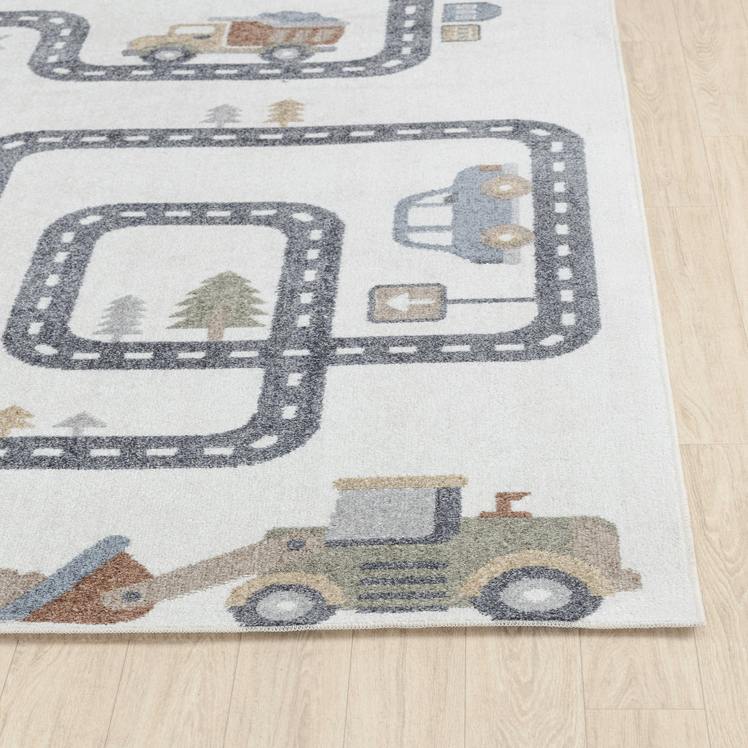 Tapis Enfant Lavable en Machine Circuit Voitures Beige/Gris Osaka