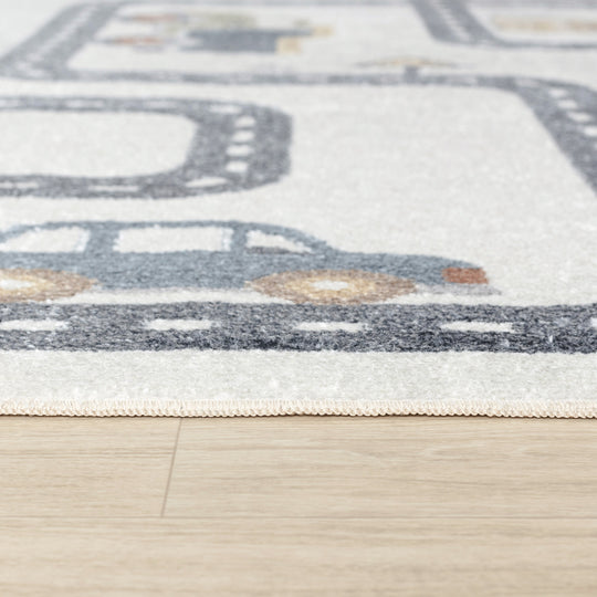 Tapis Rond Enfant Lavable en Machine Circuit Voitures Beige/Gris Rond Osaka