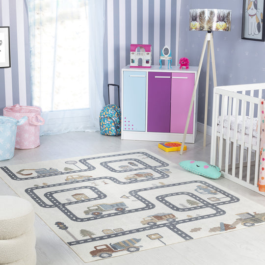 Tapis Enfant Lavable en Machine Circuit Voitures Beige/Gris Osaka