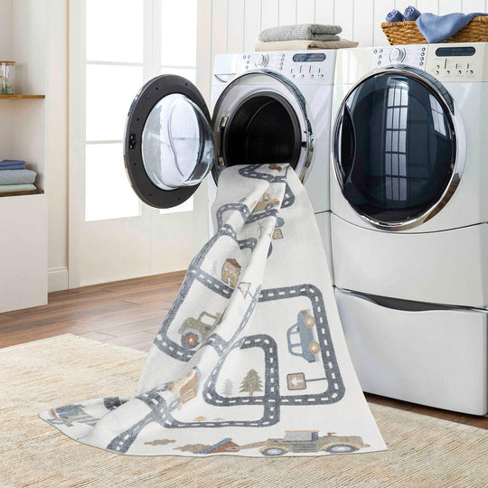 Tapis Enfant Lavable en Machine Circuit Voitures Beige/Gris Osaka