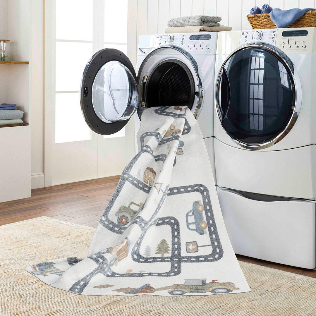 Tapis Rond Enfant Lavable en Machine Circuit Voitures Beige/Gris Rond Osaka