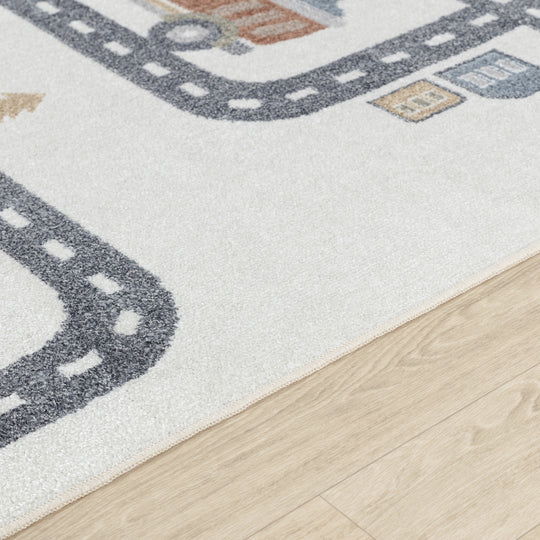 Tapis Rond Enfant Lavable en Machine Circuit Voitures Beige/Gris Rond Osaka