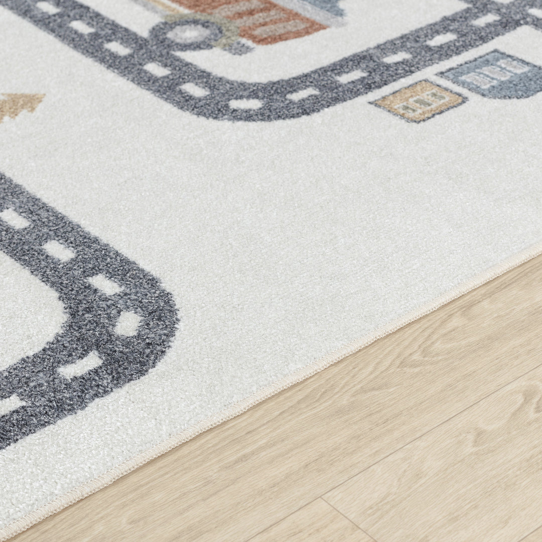 Tapis Enfant Lavable en Machine Circuit Voitures Beige/Gris Osaka
