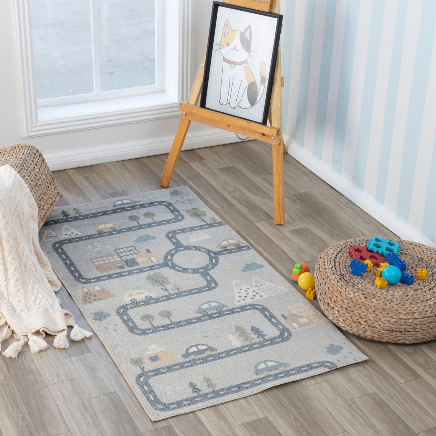Tapis Enfant Lavable en Machine Circuit Voitures Bleu/Gris Osaka