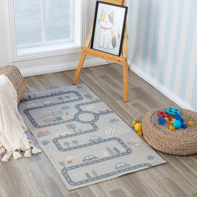 Tapis Enfant Lavable en Machine Circuit Voitures Bleu/Gris Osaka