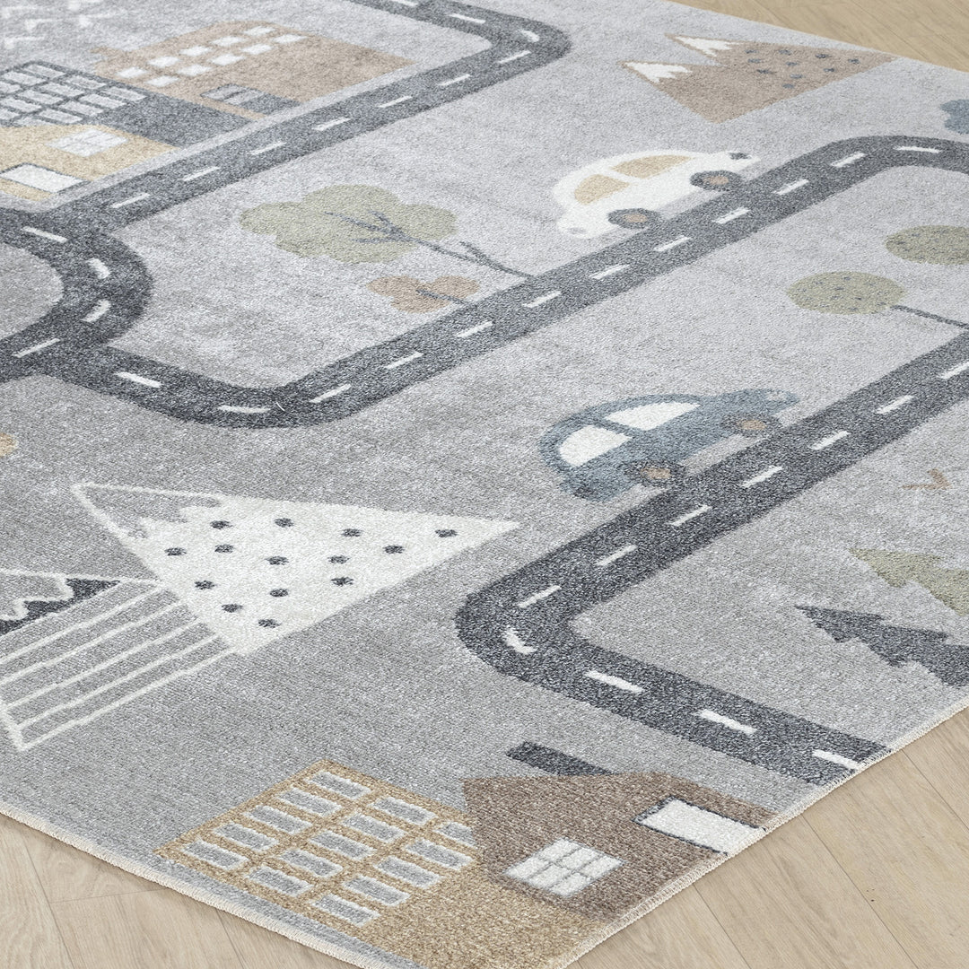 Tapis Rond Enfant Lavable en Machine Circuit Voitures Bleu/Gris Rond Osaka