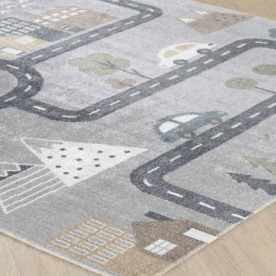 Tapis Rond Enfant Lavable en Machine Circuit Voitures Bleu/Gris Rond Osaka