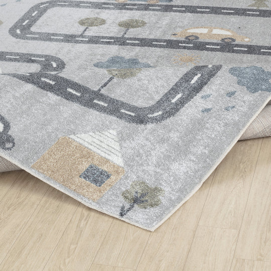 Tapis Rond Enfant Lavable en Machine Circuit Voitures Bleu/Gris Rond Osaka
