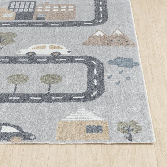 Tapis Rond Enfant Lavable en Machine Circuit Voitures Bleu/Gris Rond Osaka