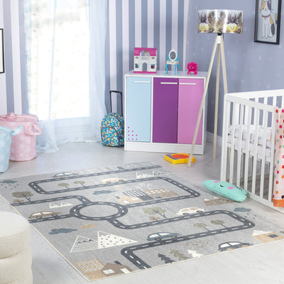 Tapis Enfant Lavable en Machine Circuit Voitures Bleu/Gris Osaka