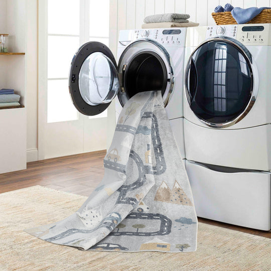 Tapis Rond Enfant Lavable en Machine Circuit Voitures Bleu/Gris Rond Osaka
