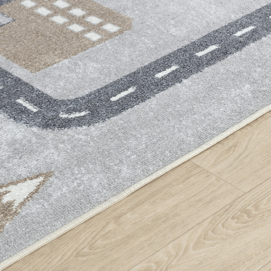 Tapis Rond Enfant Lavable en Machine Circuit Voitures Bleu/Gris Rond Osaka